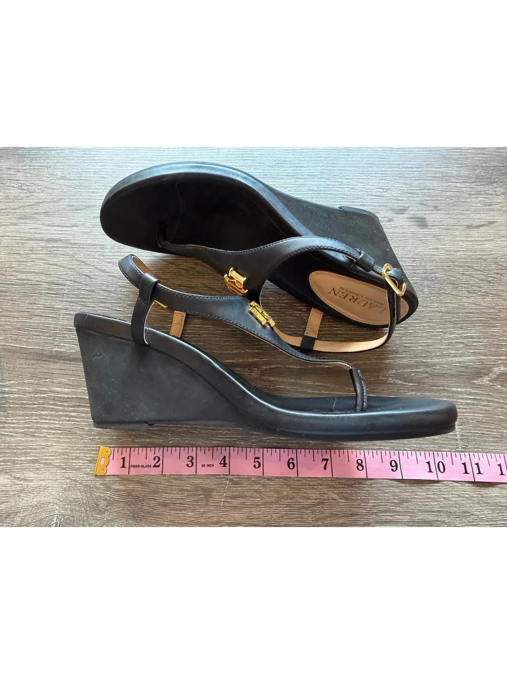 Lauren Ralph Lauren Jeannie Black Wedge Thong Sandals Gold RL Logo Women’s 9.5